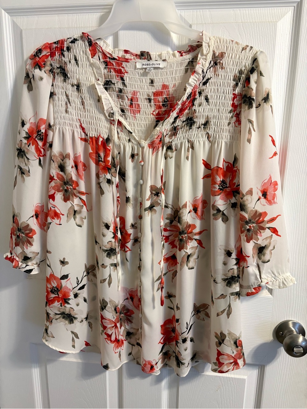 Rose & Olive Cream Floral Smocked Blouse with Red Flowers